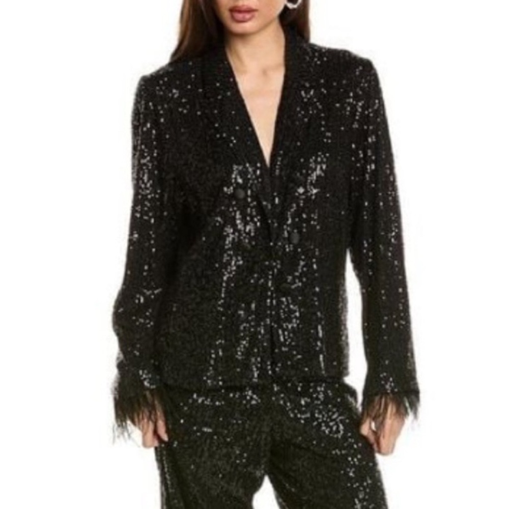 Nanette Lepore Black Sparkly Sequins Faux Button Feather Cuffs Blazer NWT Size M